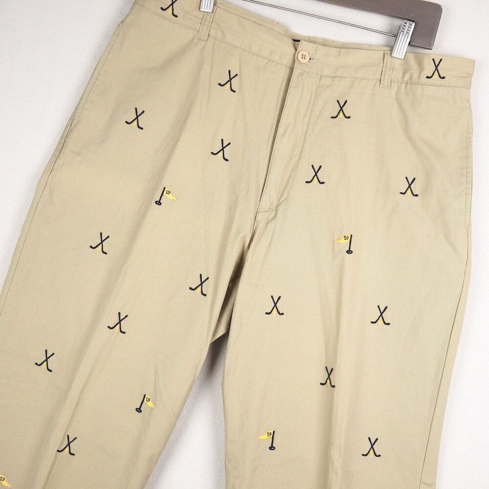 Grant Thomas Golf Embroidered Pants Mens Size 36 Khaki Chinos All Over Print